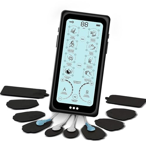 Orthomechanik TENS/EMS Gerät – Reizstromgerät für Schmerzlinderung und Muskeltraining, elektrische Nerven- und Muskelstimulation, mit Massagefunktion und 8 Ersatzpads