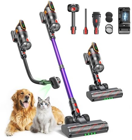 Fieety Akku Staubsauger 600W/50kPa/65Min, Staubsauger Kabellos mit Tierpflegebürste, 1M Schlauch, Wandladestation, 8-Schicht-Filtration Aromatherapie Ultraleise für Tierhaare, Teppich, Hartböden, Auto