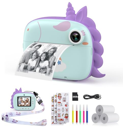 HiMont Kinderkamera Sofortbildkamera, Digitalkamera für Kinder mit Druckpapier & 32G TF Karte, VideoKamera mit farbigen Stiften & lustige Accessoires, Geschenk für Kinder 3-14 Jahren (Grün)