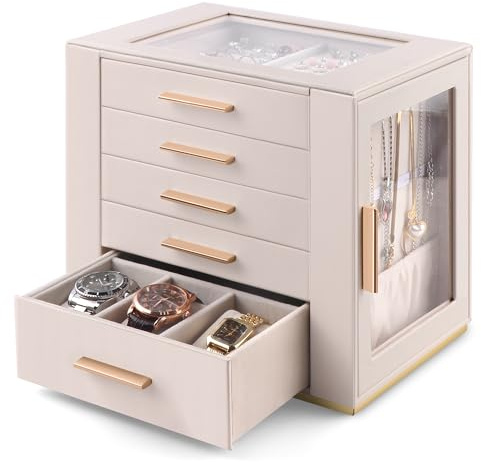 Homeanda Großes Schmuckkästchen für Frauen - 5 Lagen PU Leder Aufbewahrungsbox für Ringe, Ohrringe, Halsketten, Armbänder, Uhren & Haarschmuck（Beige）