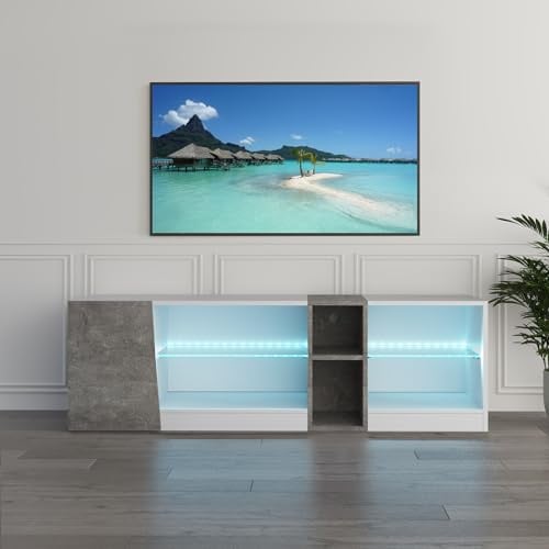 Mondeer 140cm TV Schrank mit RGB LED Beleuchtung (7 Farben) bis 60 Zoll | TV Cabinet,Lowboard,Fernsehtisch,Verschiedene Beleuchtungsmodi,Fernsteuerung 25 m,Wohnzimmer Schlafzimmer,Weiß und Grau