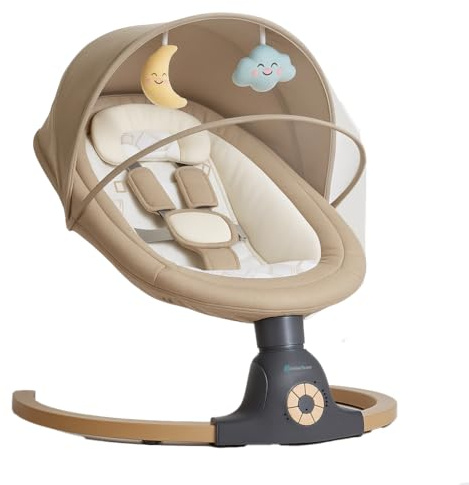 BEBE2LUXE AVA – Elektrische Babyschaukel/Babywippe, 5 Schaukelgeschwindigkeiten, Bluetooth, Musik, Timer, Fernbedienung, 5‑Punkt‑Gurt, bis 9 kg – Beige