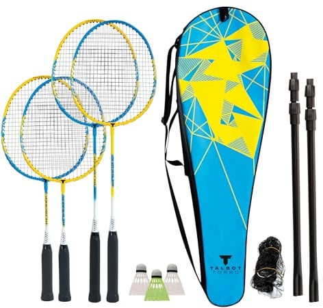 Talbot-Torro Badminton-Set Family, Komplettset mit 2 Juniorschläger 53 cm, 2 Standardschläger, 3 Federbälle, höhenverstellbare Netzgarnitur, in wertiger Tasche