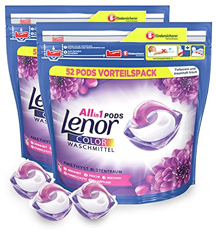 Lenor Waschmittel Pods All-in-1, Color Waschmittel, Farbschutz, Amethyst Blütentraum, 104 Waschladungen