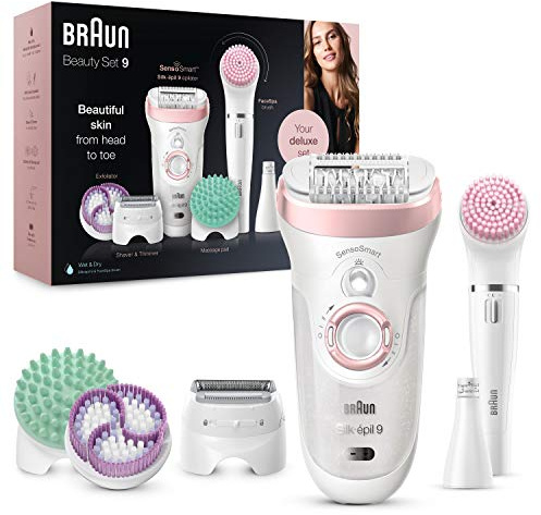 Braun Silk-épil 9 Beauty-Set, Epilierer Damen / Haarentferner, FaceSpa Gesichtshaarentferner, Aufsätze für Rasierer, Peeling, Reinigung Gesicht/Körper, Tasche, 9-995, weiß/flamingo