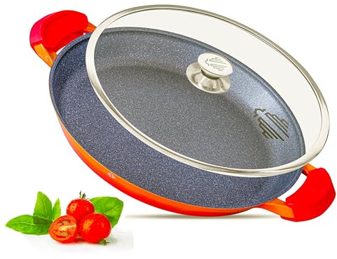 INTIGNIS Paellapfanne mit Glasdeckel 36cm• GREBLON® Keramik-Antihaft • Für alle Herdarten inkl. Induktion • Spül- & Ofenfest • Geschenkverpackung • Für 6–8 Personen (Orange, 36 CM)
