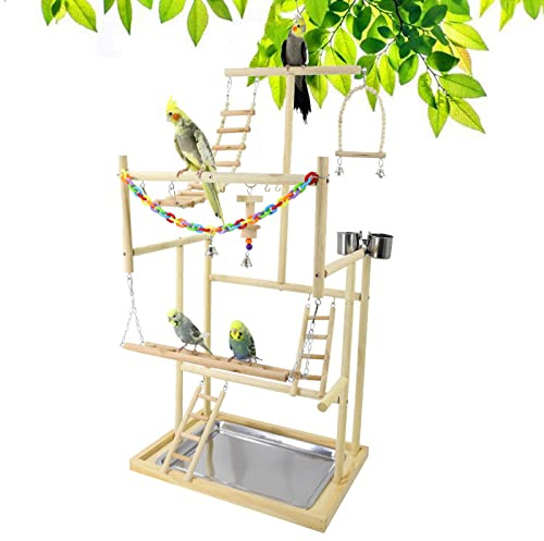 Joyeee Papageien-Spielplatz - Großer Ständer Mit Edelstahl-Futterbechern, Holzschaukel, Leiter, Glocken, Bunte Kunststoffkette für Haustiere, Vogelspiele, 48 x 33 x 94,5 cm, XL