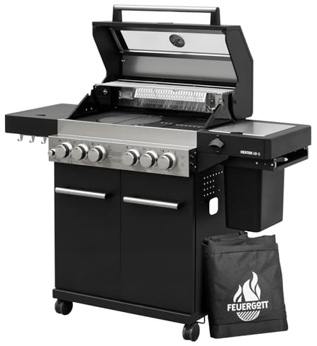 Feuergott Gasgrill Hektor 4B-S Edelstahl Gasgrillstation 4 Brenner, Infrarot Sear-Brenner, Gusseisen-Grillrost, Heckbrenner, Seitenkocher und Kochplatte Inkl. Abdeckhaube für Garten, Terrasse