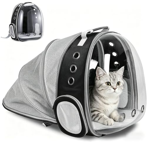 ZHUIYIWIN Erweiterbar Katzenrucksack Hunderucksack, Vorderrucksack für Katzen und Kleine Hunde, mit transparentem Fenster und Reißverschluss, für Reisen, Wandern (Schwarz, Rückseite Erweitern)