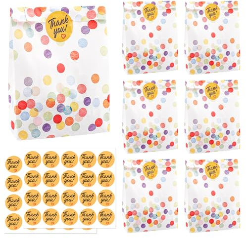 ENLACE 30 Stück Geschenktüten mit 40 Aufkleber, 19 x 13 x 3,5 cm Papiertüten Kindergeburtstag, Mitgebsel Tüten Geburtstagstüten für Hochzeit, Party, Kindergeburtstag, Feiern, Runde Punkte