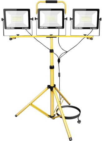 PICAA 300W Tri-Kopf LED Baustrahler Kaltweiß mit Stativ, 30000 Lumen LED Fluter Arbeitsscheinwerfer Wasserdicht IP66 für Innen-und Außenbereich - Garage, Garten, Sportplatz, Baustelle 6500K
