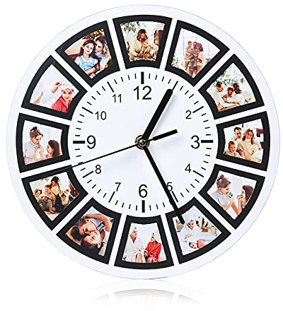 Glimmerday Wanduhr aus Holz - Mit 12 Fotos Bild Personalisiert - Geräuscharm kein Ticken - 25 cm Ø - Design, für Wohnzimmer Schlafzimmer & Küche - Geschenk für Mama Papa Freunde & Familie