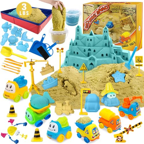 Magic Sand Kit - Spielsand Baukasten 1,35 kg Sand mit 2 Farben, 6 Mini Baufahrzeuge, Bauspielzeug und Schilder, Tierform, Modellierwerkzeuge, Faltbarer Sandkasten mit sauberen Set für Jungen Mädchen