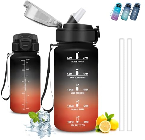 Trinkflasche Kinder, Trinkflasche 500ml, Wasserflasche mit Strohhalm, Auslaufsicher, Wasserflasche Kohlensäure Geeignet, Kann mit dir Tragen, Flasche mit Zeitmarkierung, Flasche für Schule, Camping