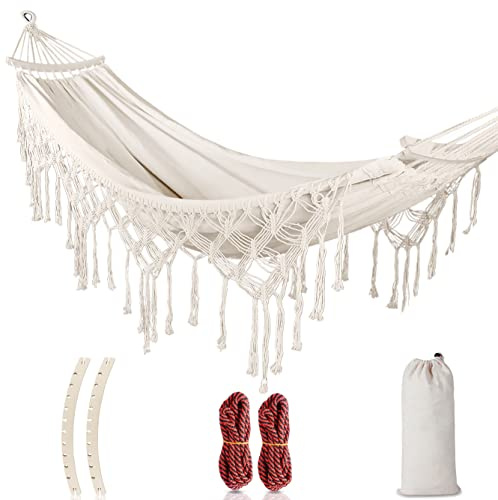 Hängematte Outdoor Boho-Stil für Garten, Balkon, Terrasse, Indoor, mit gebogener Holzstange, Befestigungsgurte und Tragetasch