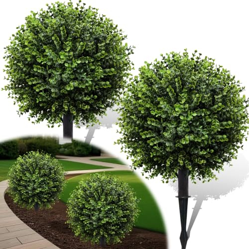 YUGYUM Künstliche Buchsbaumkugel Kunstpflanze mit Erdspieß, Künstliche Pflanzen Plastik wie Echt Deko, UV-beständig, für Wohnzimmer Schlafzimmer Büro Garten, Grün (60 cm, 2er, Ø40)