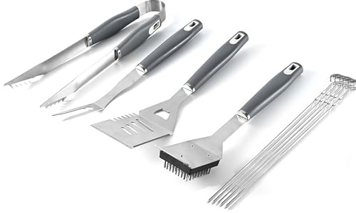 Premium Grillzubehör Set 10-teilig Edelstahl Rostfrei - Grillwerkzeug Set mit Spatel, Grillzange, Fleischgabel & Reinigungsbürste - Für Grillen, BBQ, Camping, Garten, Robuste Grillut
