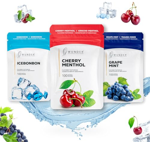 Wunder Zahnstocher mit Geschmack - 3er Pack - Fresh Breath | 100 Stück pro Sorte - in Nachfüllbeuteln - frischer Atem - gegen Nägelkauen - Kaugummi-Alternative - zuckerfrei, vegan