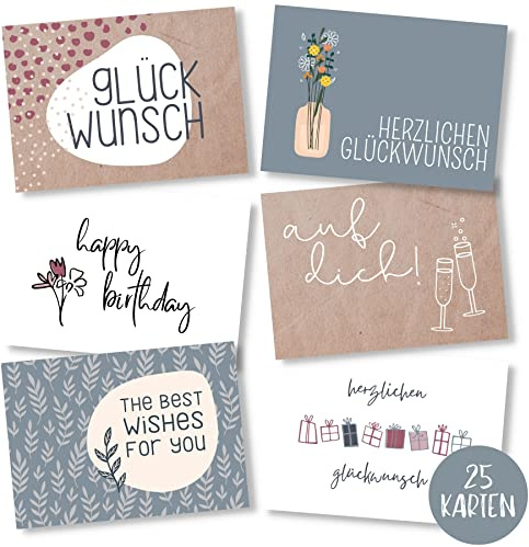 25er Set Geburtstagskarten hochwertig - Glückwunschkarte, Postkarte zum Geburtstag - Happy Birthday Karten als Postkarten Set - ideal als Grußkarte und Gutschein für Männer und Frauen