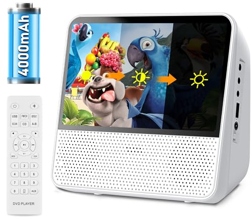 Tragbarer DVD Player mit Bildschirm 7 inch, 4000mAh Akku, Bluetooth/USB/AV/Memory-Wiedergabe, Verstellbarer Helligkeit, Portable DVD Player Alle Region für Fernseher, Fern-/Autoreisen (weiß)