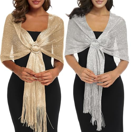 JSTHHTT 2 Stück Stola Damen, Stola für Abendkleid, Glitzer schal, Stole mit Schnalle, Frauen Braut Hochzeit Schal, für Abendkleid Festlich Hochzeit Frühling