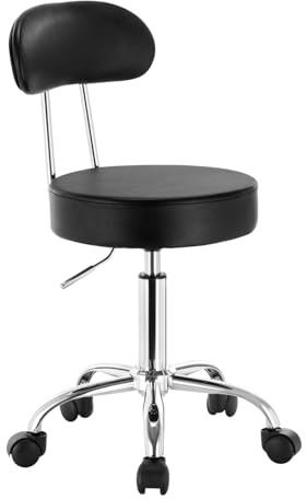 WOLTU Rollhocker, Hocker mit Rollen und Lehne, Kunstleder, Schwarz | Schminkhocker höhenverstellbar, 47-59cm, Arbeitshocker 360° Drehhocker, Bürostuhl Kosmetikhocker, für Werkstatt, Studios
