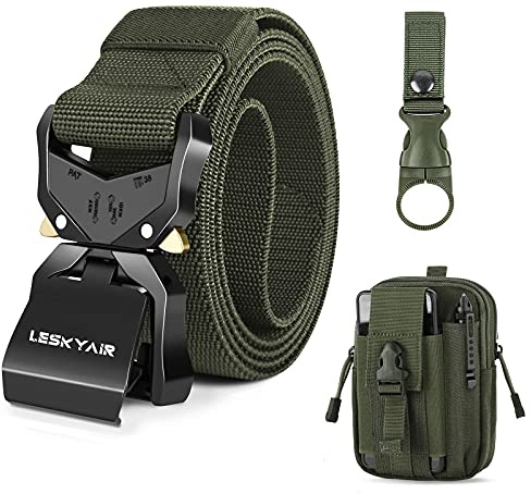 Leskyair Taktischer Gürtel, Militär-Arbeitsgürtel, 3,8 cm, Nylon, robuste Schnallenschloss-Metallschnalle, Geschenk mit MOLLE-Tasche und Flaschenclip, grün, One Size