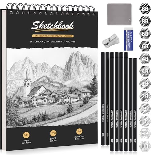 DazSpirit A4 Skizzenbuch, Hardcover Zeichenblock mit 200g/m² dickem Papier, 12 Skizzenstifte & Radiergummis, Spiralbindung, 50 Blätter/100 Seiten Skizzenblock – Ideal für Bleistift, Kohle, Pastell