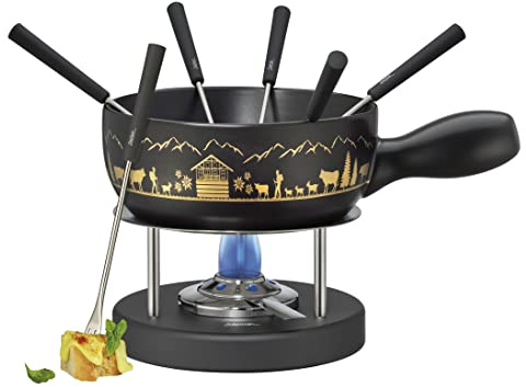 Spring Käse-Fondue-KP2896225024 Käse-Fondue schwarz/gold 22 cm | Alpenmotiv-Dekor, Edelstahl-Rechaud, Sicherheits-Pastenbrenner, 6 Fondue-Gabeln, 2,0 Liter Keramik-Caquelon, für 6 Personen