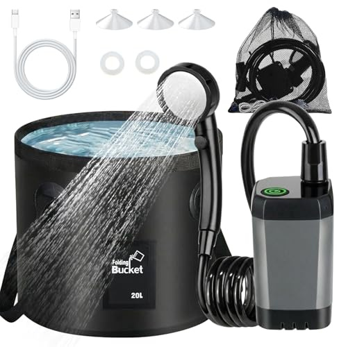 Mkitnvy Campingdusche Tragbare, Camping Dusche mit Temperaturanzeige | Mobile Duschen Set mit Pumpe,20L Klappbarer Eimer, Wiederaufladbarem 6000mAh Akku, Duschkopf und Schlauch für Camping,Garten