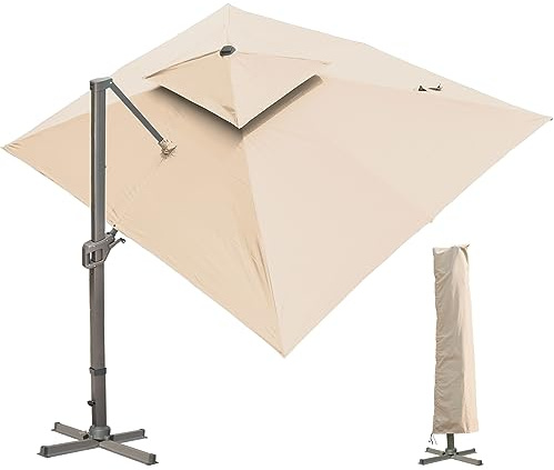 LKINBO Sonnenschirm Groß mit Ständer Ampelschirm 300 x 400 cm, Khaki | Sonnenschirm Rechteckig mit Kurbel Terrassenschirm 360° Rotation Parasol Windfest Gartenschirm Sturmfest Sonnenschirme