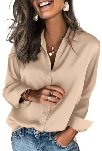 Zeagoo Satin Bluse Damen Elegant Langarm Hemden V-Ausschnitt Satinblusen Button Down Business Shirts Lässige Oberteil Tops Hellbraun L