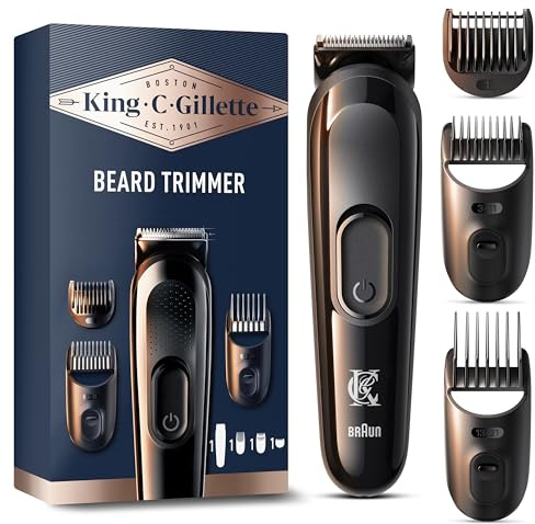 King C. Gillette Elektrischer Bartschneider Herren, Kabellos mit Ultrascharfe Lebenslang Klingen, Abwaschbarem Scherkopf und 3 Kammaufsätzen für Dreitage-, Kurzes und Langes Barthaar