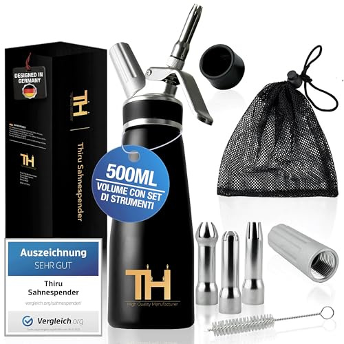 Thiru Sahnespender inkl.Toolbox - Note sehr gut - 100 Tage testen - Sahnesyphon mit eBook & 3 Edelstahl Tüllen - Sahnesyphon für Schlagsahne, Espuma & warme Speisen - (Schwarz)