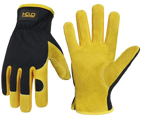 HANDLANDY Leder Gartenhandschuhe Arbeitshandschuhe für Damen und Herren kratzfeste atmungsaktive Handschuhe für Garten Hof Mechaniker Bauarbeiten (Gelb, S)