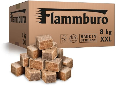 Flammburo (8 kg) Öko XXL Anzündwürfel vom Deutschen Hersteller, Grillanzünder, Kaminanzünder, Ofenanzünder, Anzündwürfel, Anzündwolle - DIN zertifizierte - Made in Germany - (8 kg)
