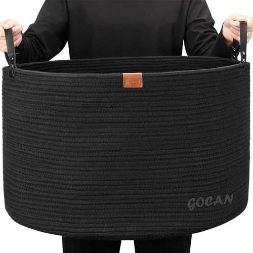 GOCAN XXXL Aufbewahrungskorb Groß Korb Baumwolle Seil Wäschekorb Wäschesammler für Decken Kisse im Wohnzimmer Kleidung Spielzeug im Kinderzimmer, pures Schwarz D55 X H35cm