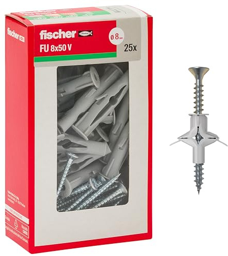 Fischer 25 Stück Schmetterlingsdübel FU mit Schraube 8 x 50 mm für Gipskarton, Paneele und Mauerwerk