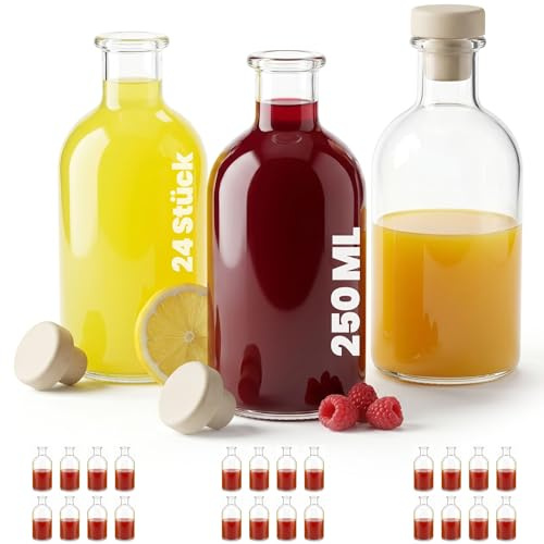 casavetro 24 Glasflaschen 250ml Griffkorken – Likörflaschen 250 ml zum Befüllen leere – Apothekerflasche Schnapsflaschen Glas Essig Öl Dekoration