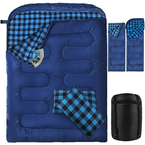 Doppelschlafsack Flanell, 2 Personen Schlafsack Outdoor 220 x 160 cm, Verbesserter Doppel Zippern, mit 2 Kissen und Tragetasche, Erwachsene Deckenschlafsack für Familie