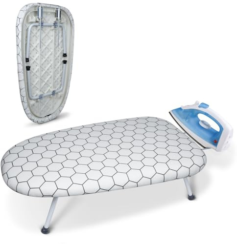 SUNDOY 60x36cm Bügelbrett Tisch – Tragbares Bügelbrett mit Bügeleisenablage, 5mm Polsterung & Baumwollbezug, rutschfeste Metallfüße, Platzsparend für Zuhause, Studenten & Reisen