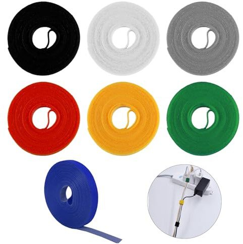 7 Rollen Klett Kabelbinder, 10mm x 5m Selbstklebende Gurte | Robustes Nylon Befestigungsband für Kabelordnung und Kabelmanagement