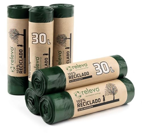 Relevo Grüne Müllbeutel mit Zugband – 30L (B 55 cm x H 60 cm), 90 Beutel (6 Rollen × 15 Beutel) | Extra Starke Müllsäcke | 100% Recyceltes LDPE aus Gewächshäusern | Zertifiziert (Blauer Engel)