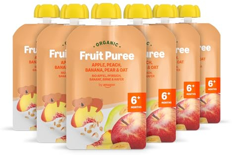 Amazon-Marke: Mama Bear Quetschie Bio Apfel, Pfirsich, Banane, Birne und Haferflockenl, Vegetarisch, 90g (6er-Pack)