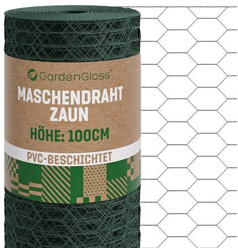GardenGloss Maschendrahtzaun 100cm Höhe - PVC-Beschichtet Sechseckgeflecht Grobmaschig 25mm x 45mm - Hasendraht Kaninchendraht Kükendraht Zaun Hasenzaun Drahtzaun Kleintierzaun - 100cm Hoch 10m Lang