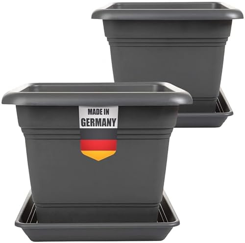 2er Set Pflanzkübel Groß Außen, Blumentopf Gross 40x40 cm, 46 Liter, Pflanzentopf Blumentopf mit Untersetzer, Pflanzkübel Kunststoff, Blumenkübel Pflanztöpfe Blumentöpfe Made in DE, Anthrazit,