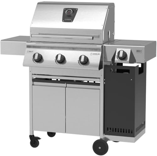 Schickling Gasgrill Henry L - Deluxe Edelstahlgrill Grillwagen mit Unterschrank, Doppelwandigem Deckel, 3 Brenner, 800 Grad Seitenbrenner & 3-teiligem Grillrost - Made in Germany
