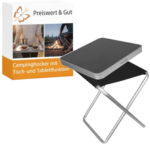 Preiswert&Gut Klappstuhl Camping Sitzhöhe 45cm Campingtisch Klappbar - Aluminium bis 100Kg - Fußhocker Outdoor mit Tischplatte MDF 40x40cm - 20kg belastbar als Campingstuhl
