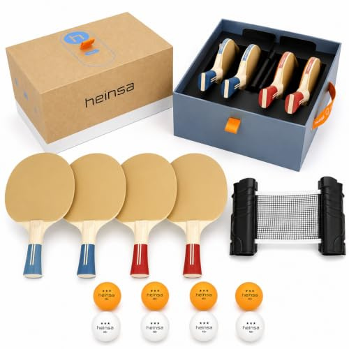 heinsa Tischtennisschläger Box mit 4 Tischtennisschlägern in Blau und Rot, 8 Tischtennisbällen, 1 Tischtennisnetz und Innovative Tragebox Familien!