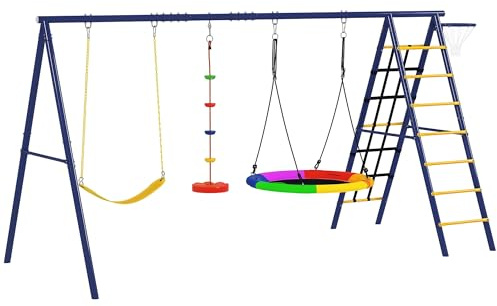 AIYAPLAY Kinderschaukel-Set 6 in 1 Schaukelgerüst aus Stahl mit Gurtschaukel, Nestschaukel, Seilscheibenschaukel, Kletternetz, Kletterleiter und Basketballkorb für Kinder 3-8 Jahre